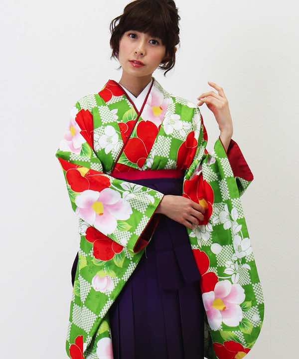 卒業式袴レンタル | グリーンの市松に椿 紫袴