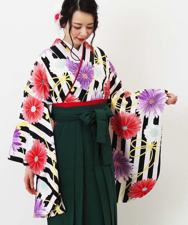 卒業式袴レンタル | 黒ストライプに花結び 緑袴
