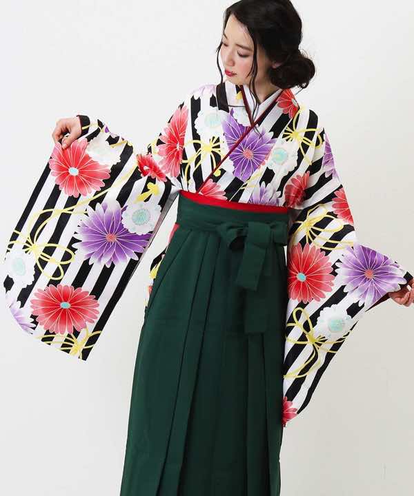 卒業式袴レンタル | 黒ストライプに花結び 緑袴