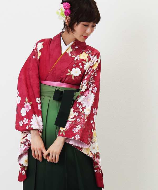 卒業式袴レンタル | 赤地に豪華な花々 緑ぼかし袴