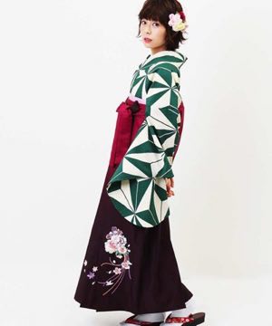 卒業式袴 | 緑と白の麻の葉 ワインぼかし刺繍袴