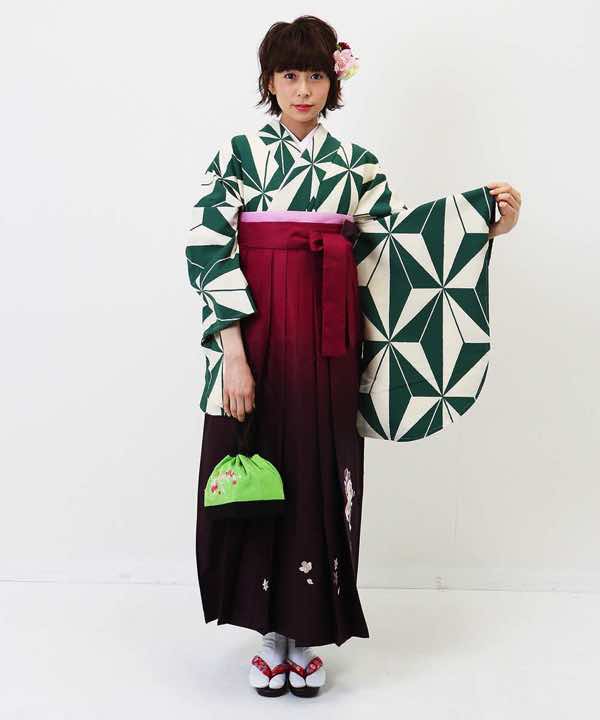 卒業式袴レンタル | 緑と白の麻の葉 ワインぼかし刺繍袴