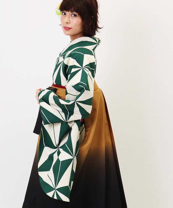 卒業式袴レンタル | 緑と白の麻の葉 山吹ぼかし袴