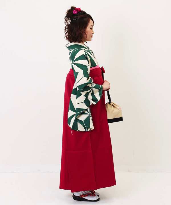 卒業式袴レンタル | 緑と白の麻の葉 赤刺繍袴
