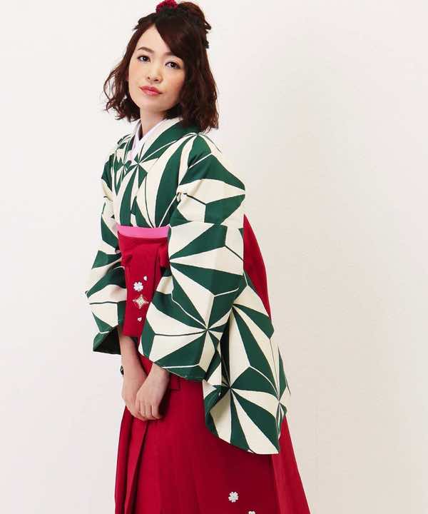 卒業式袴レンタル | 緑と白の麻の葉 赤刺繍袴 | hataori(ハタオリ)