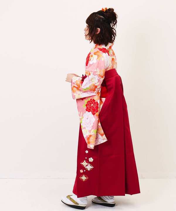 卒業式袴レンタル | 桃色に牡丹と桜 赤刺繍袴