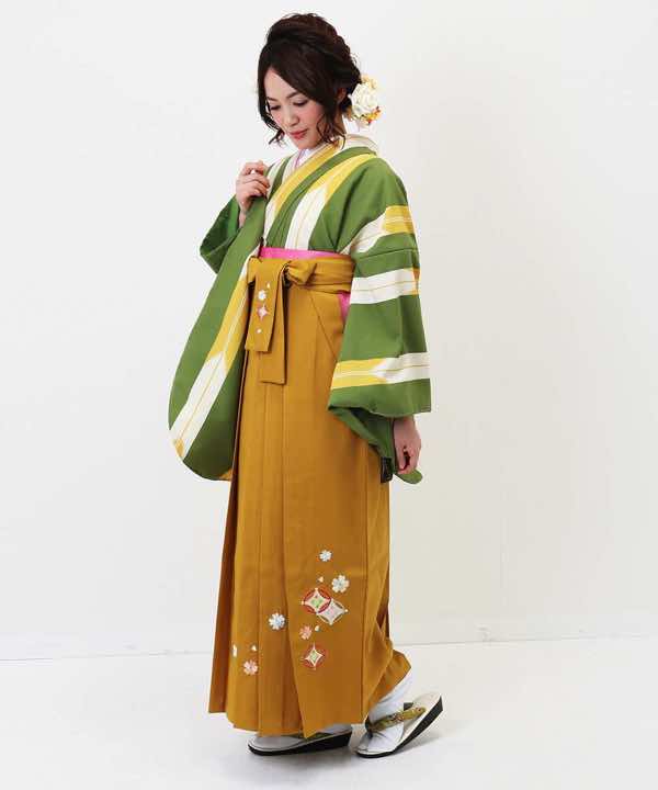 卒業式袴レンタル | ウグイス色の矢絣(細) 山吹刺繍袴