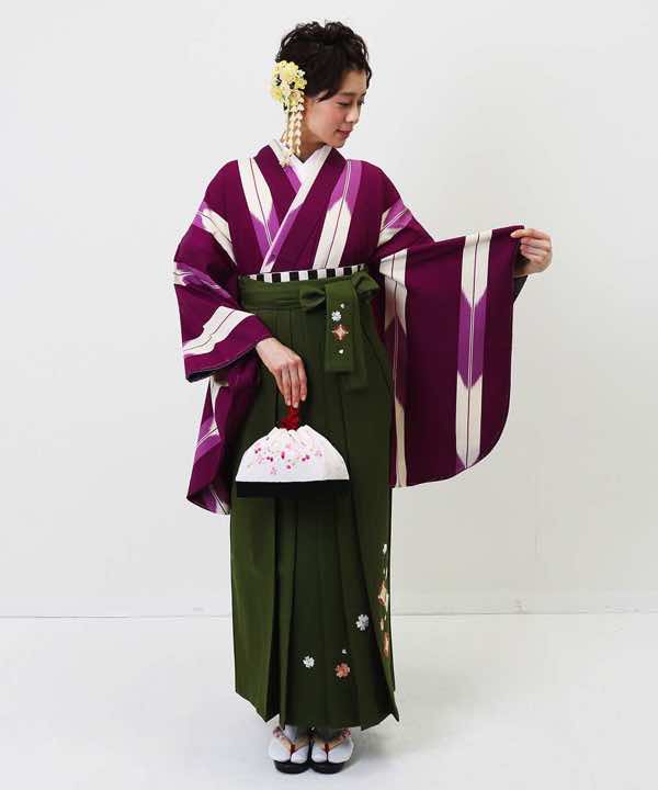 卒業式袴レンタル | ワイン色の矢絣(細) 抹茶刺繍袴