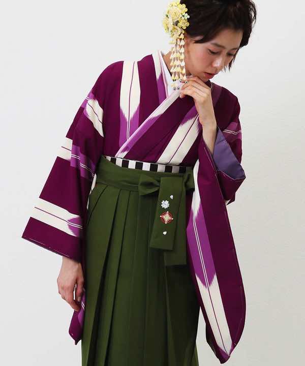 卒業式袴レンタル | ワイン色の矢絣(細) 抹茶刺繍袴