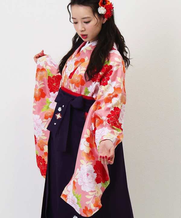 卒業式袴レンタル | 桃色に牡丹と桜 紫刺繍袴