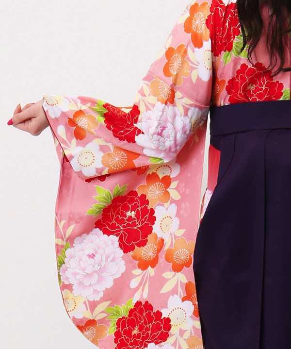 卒業式袴レンタル | 桃色に牡丹と桜 紫刺繍袴