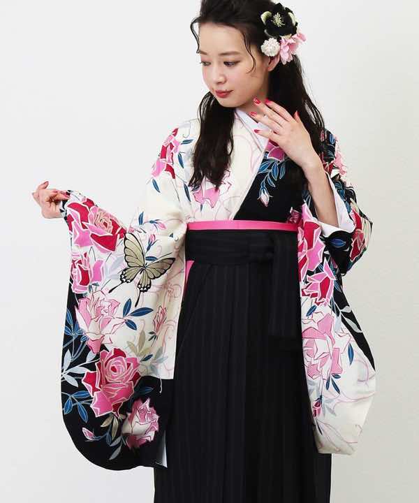 卒業式袴レンタル | 黒白のコントラストに蝶と薔薇