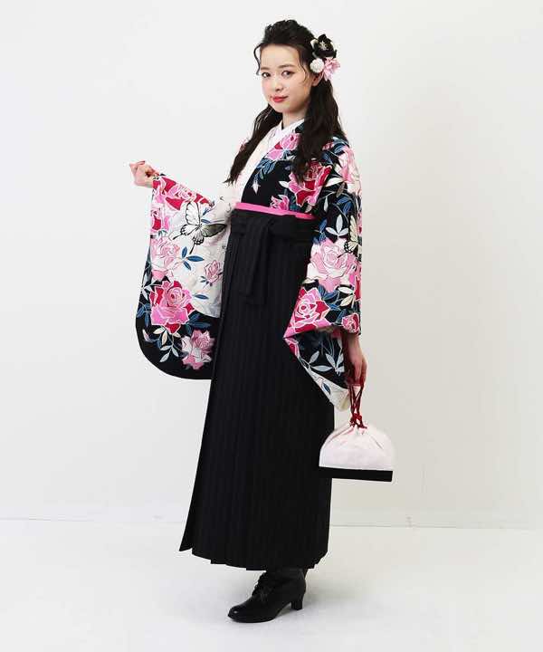 卒業式袴レンタル | 黒白のコントラストに蝶と薔薇