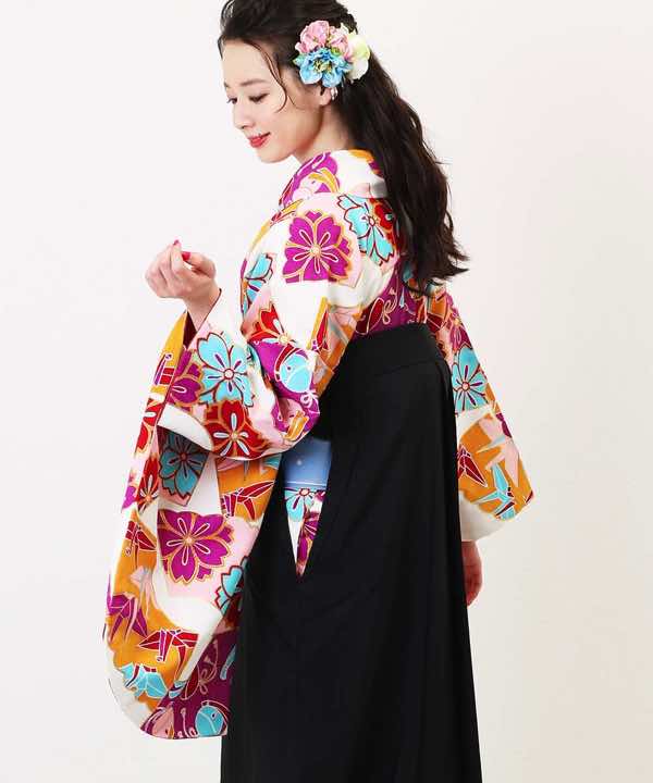 卒業式袴レンタル | 折鶴と桜  水色帯×黒袴