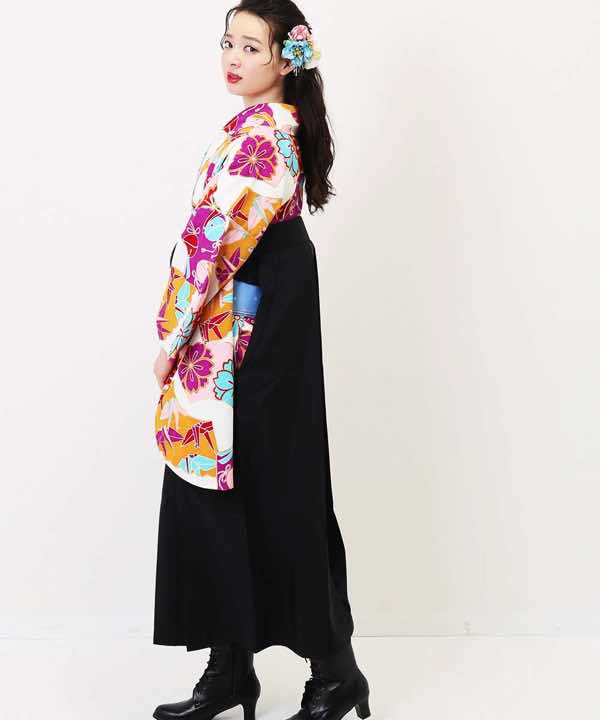 卒業式袴レンタル | 折鶴と桜  水色帯×黒袴