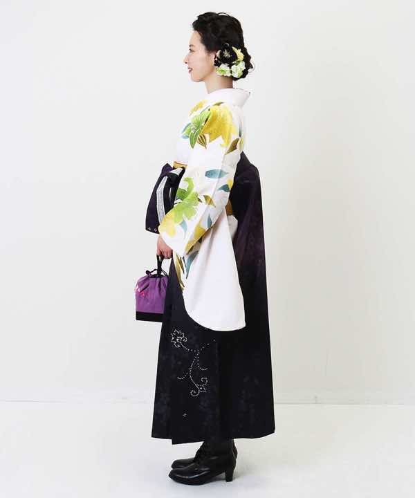 卒業式袴レンタル | 黒白の切返しに百合 紫桜袴