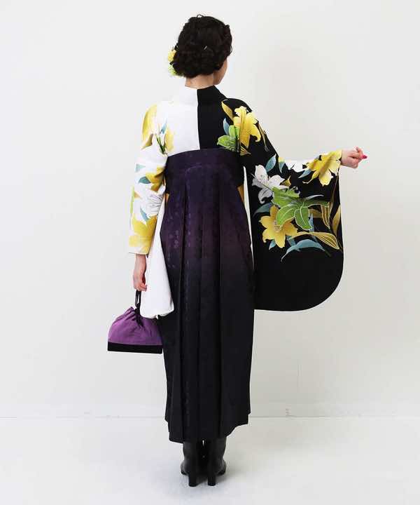 卒業式袴レンタル | 黒白の切返しに百合 紫桜袴