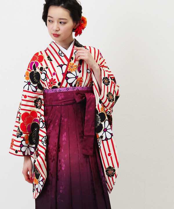 卒業式袴レンタル | オレンジのストライプにポップな花 桜袴