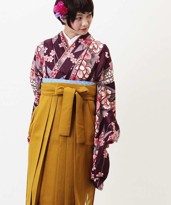 卒業式袴レンタル | 茶紫の大矢絣×山吹袴 百合刺繍