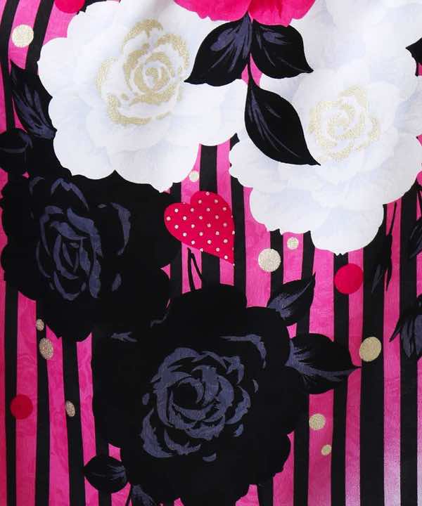 卒業式袴レンタル | ピンク地に黒のストライプ 三色の薔薇