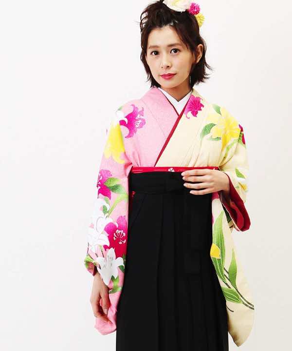 卒業式袴レンタル | 黄色とピンクと百合の花 (黒袴)