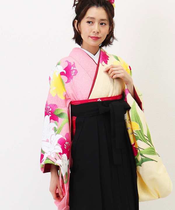 卒業式袴レンタル | 黄色とピンクと百合の花 (黒袴) | hataori(ハタオリ)