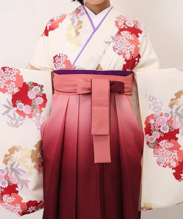 卒業式袴レンタル | オフホワイトに雪輪と花 ピンク暈し袴