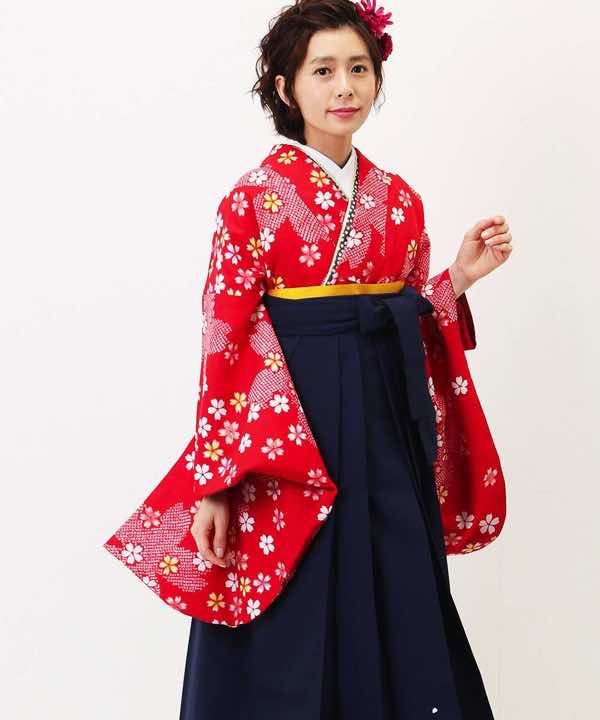 卒業式袴レンタル | 赤鹿の子に散り桜 紺色刺繍袴