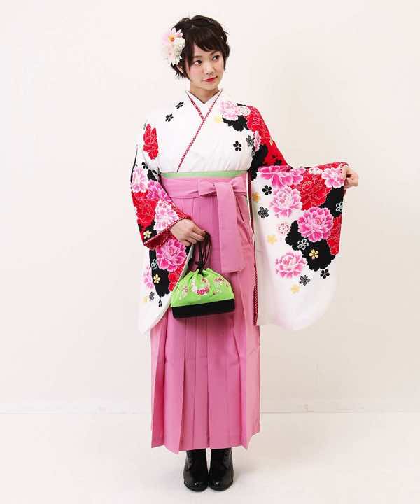 卒業式袴レンタル | ピンクと赤の牡丹にシルエット 桃色袴