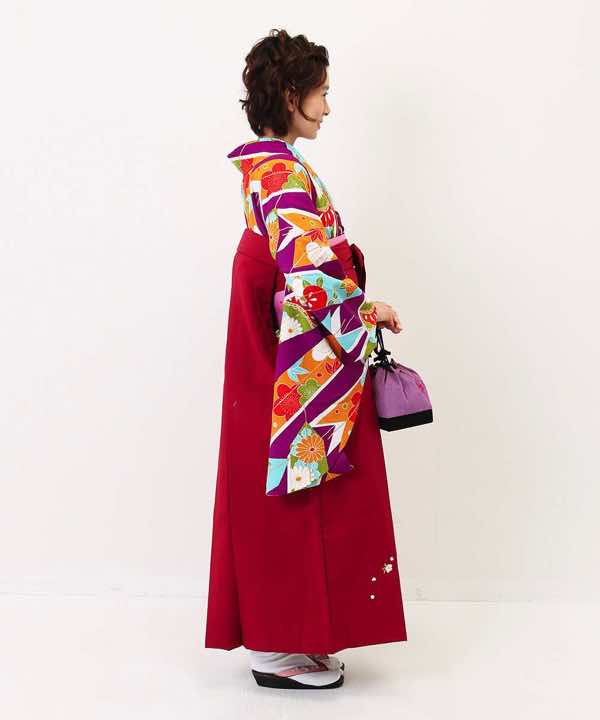 卒業式袴レンタル | 紫大矢羽根×臙脂刺繍袴