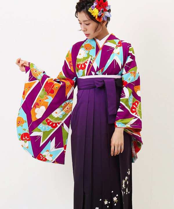 卒業式袴レンタル | 紫大矢羽根×紫暈し刺繍袴