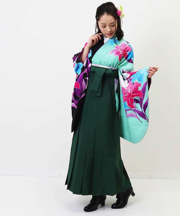 卒業式袴レンタル | 黒瑠璃の百合 緑袴