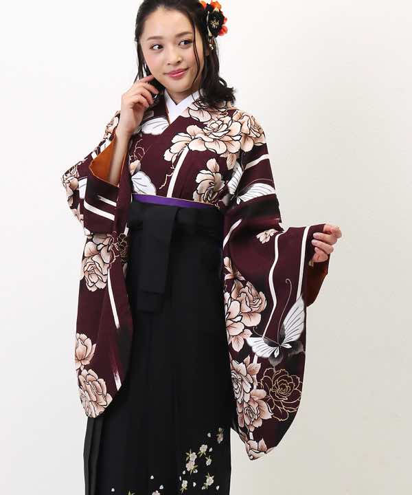 卒業式袴レンタル | 茶色地にレトロ牡丹 黒桜刺繍袴