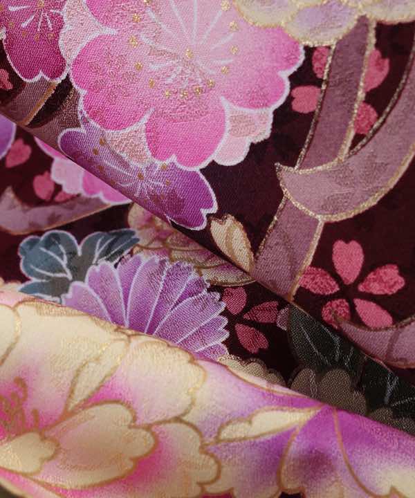 卒業式袴レンタル | 赤茶にピンクの花の群生 山吹無地袴