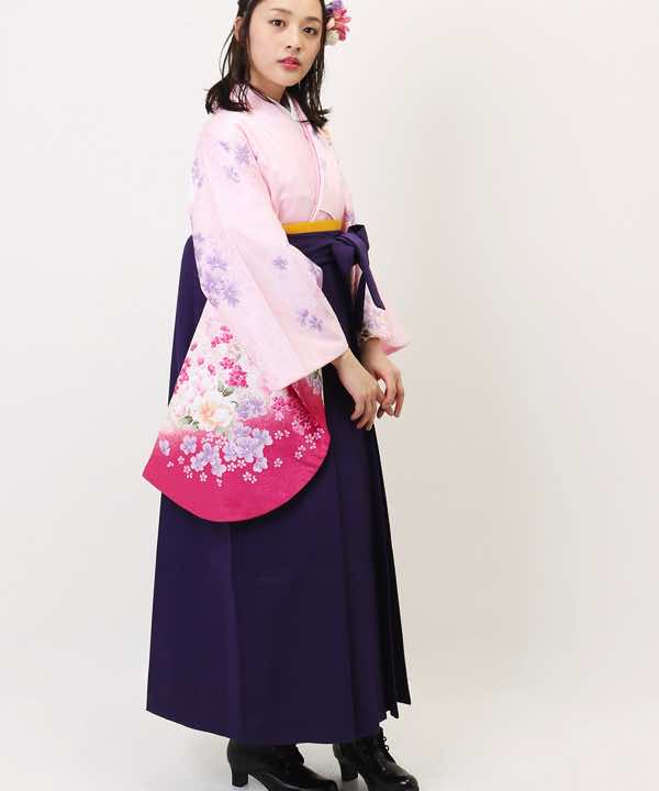 卒業式袴レンタル | 薄ピンクに暈しと花流し 紫無地袴