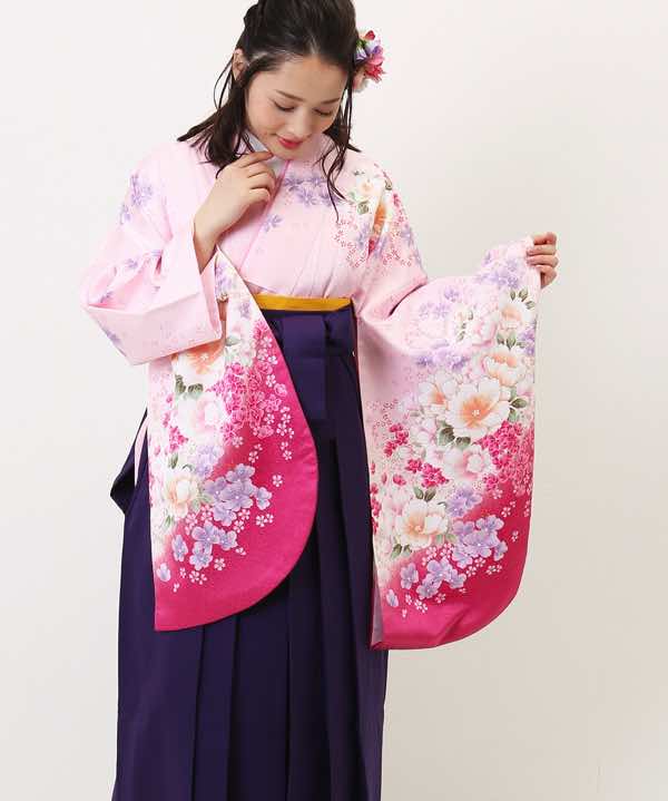 卒業式袴レンタル | 薄ピンクに暈しと花流し 紫無地袴 | hataori(ハタオリ)