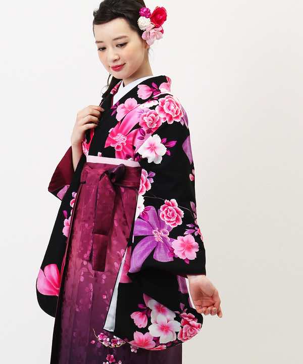 卒業式袴レンタル | 黒地にリボンと花 箔押し桜の暈し袴
