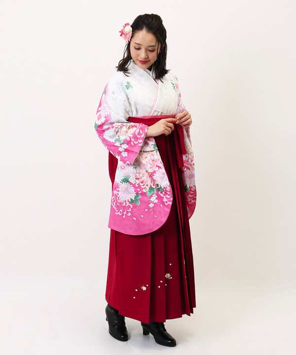 卒業式袴レンタル | 白地にピンク暈しに乱菊 紅桜刺繍袴