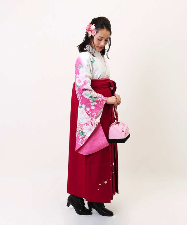 卒業式袴レンタル | 白地にピンク暈しに乱菊 紅桜刺繍袴