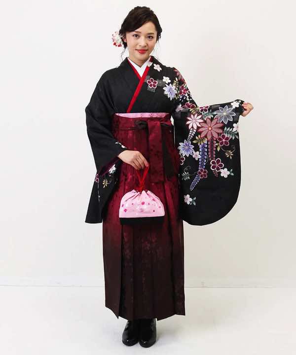 卒業式袴レンタル | 黒に藤と桜の花 桜箔袴