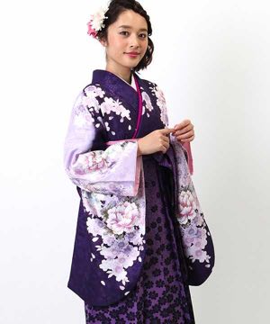 卒業式袴 | 紫地に豪華な牡丹と桜 花柄紫袴