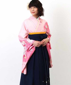 卒業式袴 | ピンク地に桜と菊と濃暈し  刺繍入り紺袴