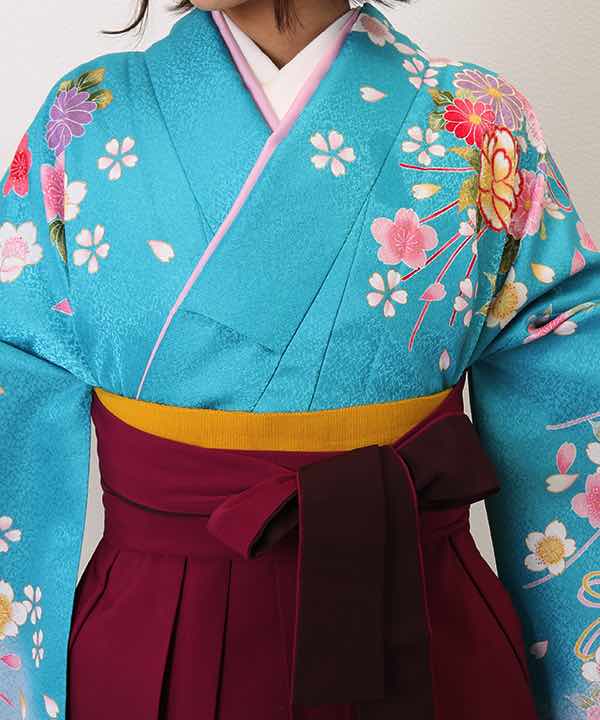 卒業式袴レンタル | 水色地に桜と水引 暈し入り赤紫袴