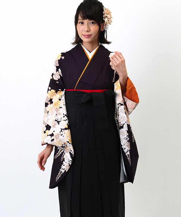 卒業式袴レンタル | 濃紫地に桜と藤の花 黒袴