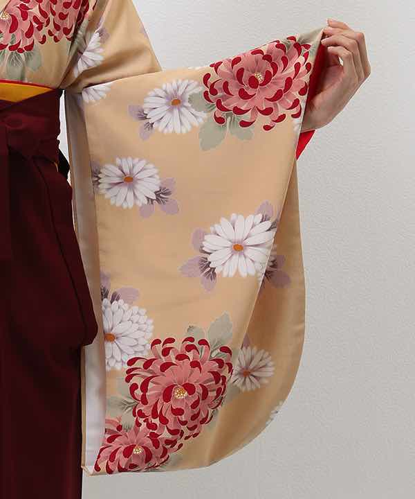 卒業式袴レンタル | ベージュ地に菊 刺繍入り臙脂袴