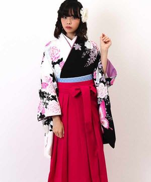 卒業式袴 | 白×黒 薔薇と藤と蝶 薔薇柄濃ピンク袴