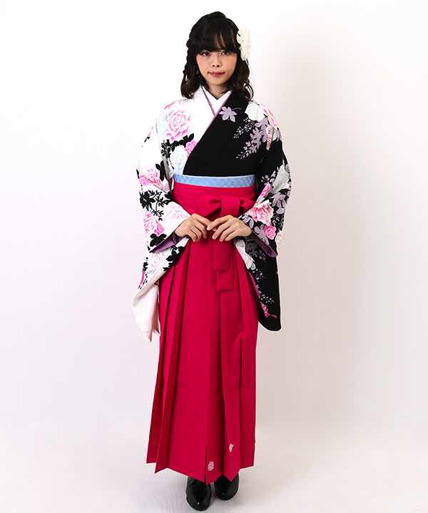 卒業式袴レンタル | 白×黒 薔薇と藤と蝶 薔薇柄濃ピンク袴