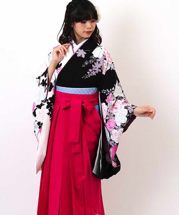 卒業式袴レンタル | 白×黒 薔薇と藤と蝶 薔薇柄濃ピンク袴