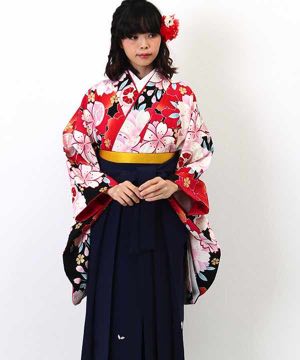 卒業式袴 | 黒地に満開の桜 刺繍入り紺袴