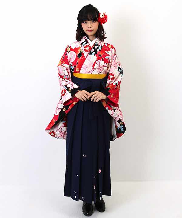 卒業式袴レンタル | 黒地に満開の桜 刺繍入り紺袴